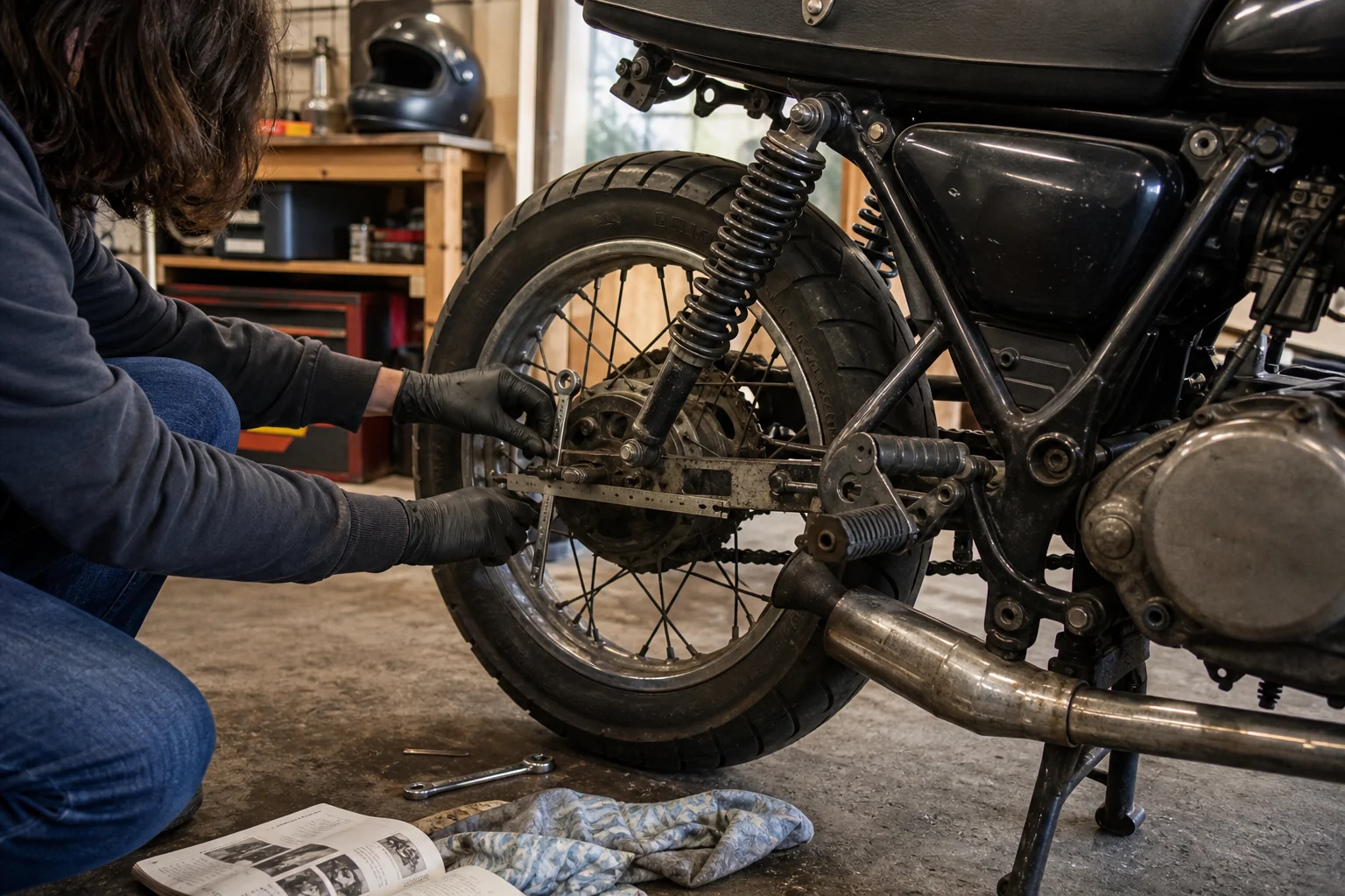 A rider checking motorcycle chain tension in a home garage